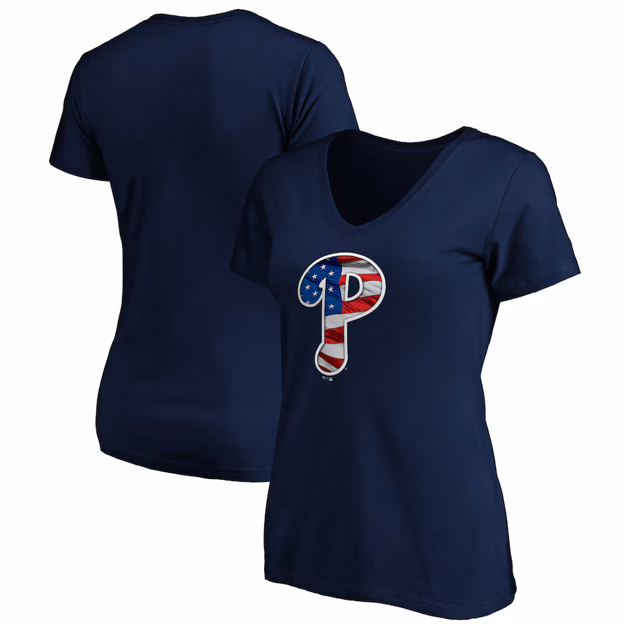 Women's Philadelphia Phillies Logo Navy Banner Wave V-Neck T-Shirt