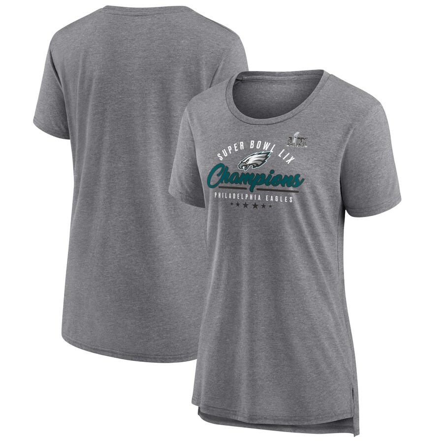 Women's Philadelphia Eagles  Fanatics Heather Gray Super Bowl LIX Champions Prestigious Run Tri-Blend Scoop Neck T-Shirt
