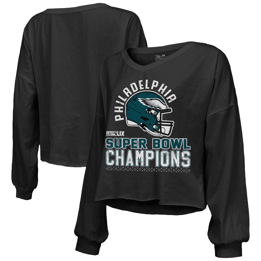 Women's Philadelphia Eagles  Majestic Threads Black Super Bowl LIX Champions Hard Count Off Shoulder V-Neck Long Sleeve T-Shirt