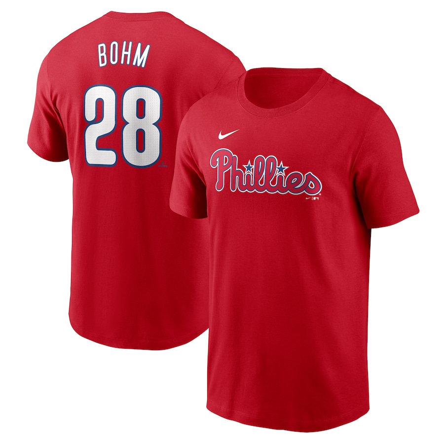 Men's Philadelphia Phillies Alec Bohm Nike Red Fuse Name & Number T-Shirt