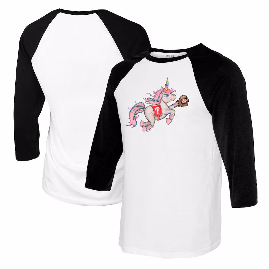 Youth Philadelphia Phillies Tiny Turnip White/Black Unicorn Raglan 3/4 Sleeve T-Shirt