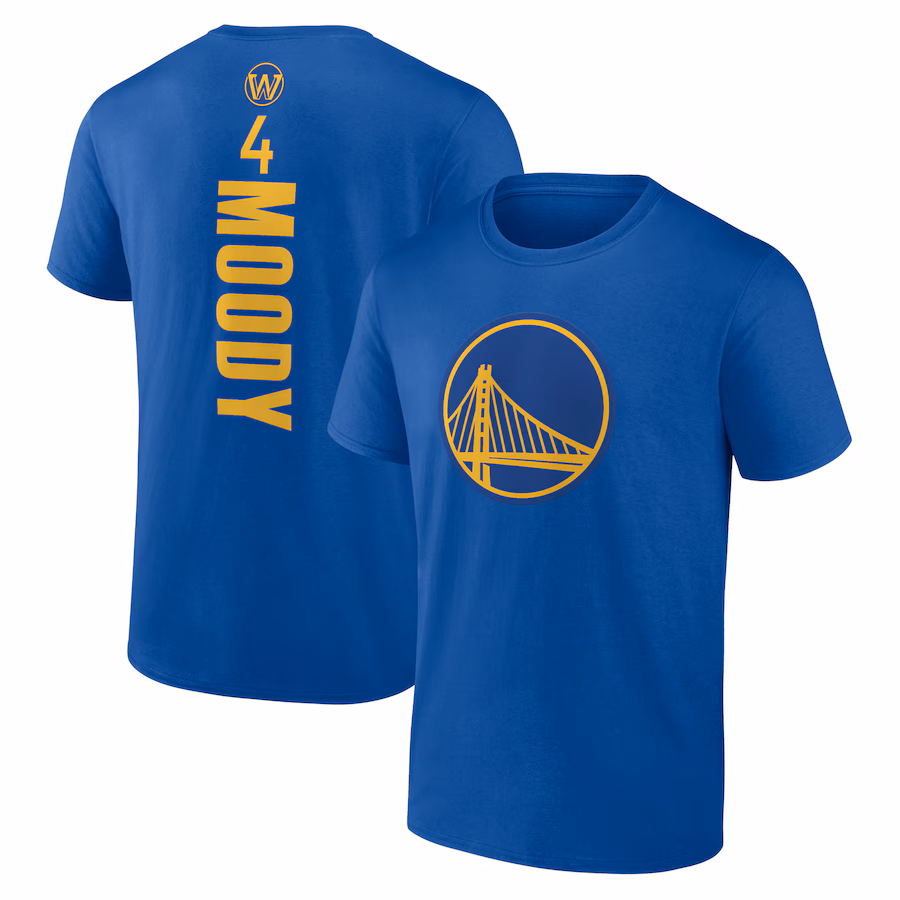 Men's Golden State Warriors Moses Moody Royal Playmaker Name & Number T-Shirt