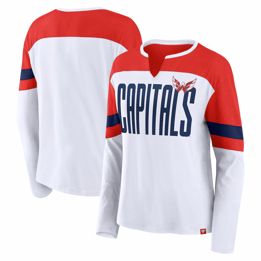 Women's Washington Capitals Fanatics White/Red Frozen Long Sleeve Notch Neck T-Shirt