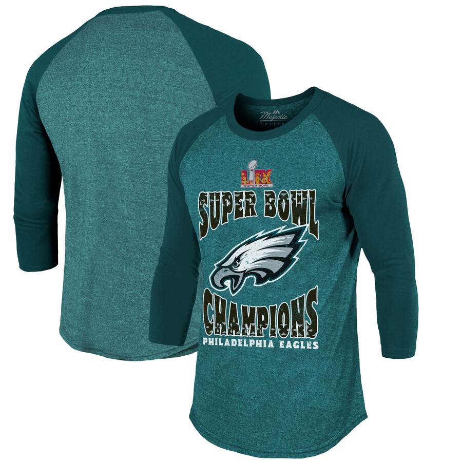Men's Philadelphia Eagles Majestic Threads Midnight Green Super Bowl LIX Champions Choke Up 3/4-Sleeve Raglan Tri-Blend T-Shirt