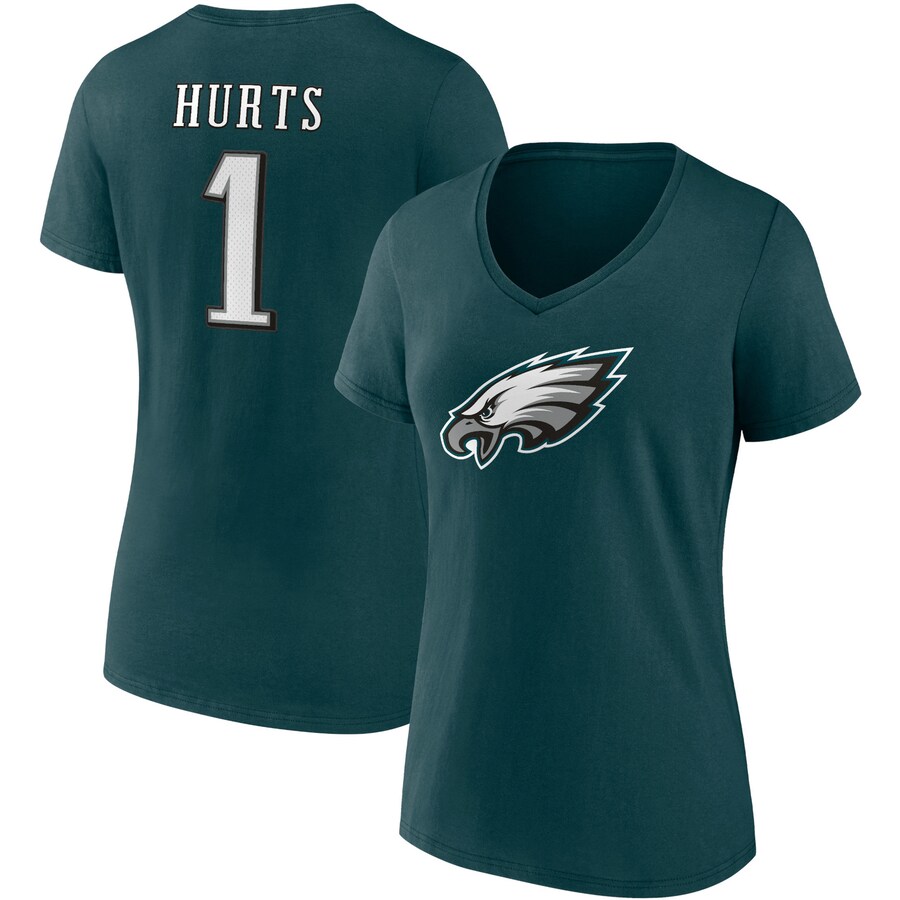 Women's Philadelphia Eagles Jalen Hurts Fanatics Midnight Green Player Icon Name & Number V-Neck T-Shirt