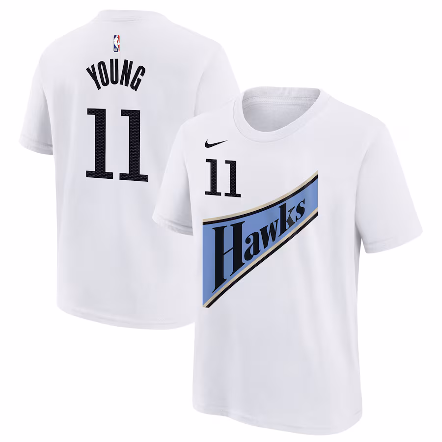 Youth Atlanta Hawks Trae Young Nike White 2024/25 City Edition Name & Number T-Shirt