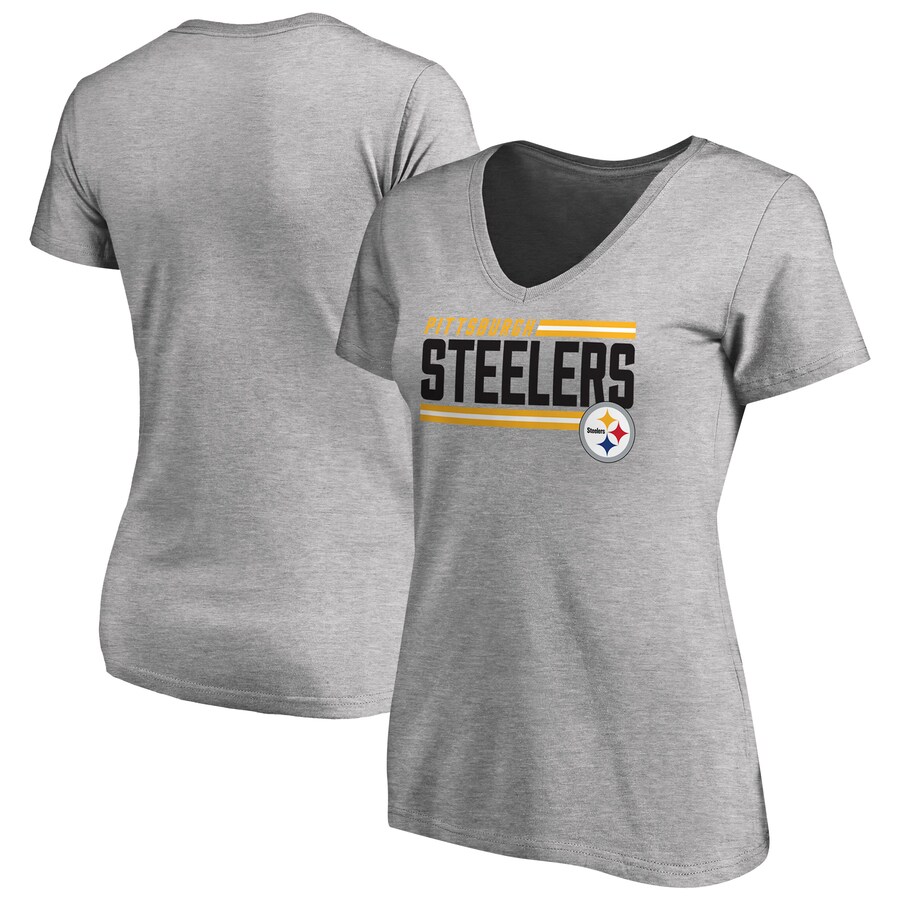 Women's Pittsburgh Steelers Heather Gray Iconic Collection On Side Stripe V-Neck T-Shirt
