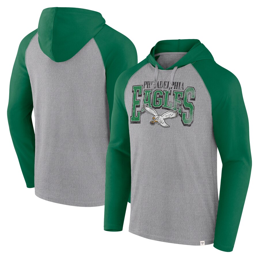 Men's Philadelphia Eagles Fanatics Gray/Kelly Green Under Center Long Sleeve Hoodie T-Shirt