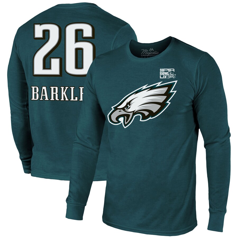 Men's Philadelphia Eagles Saquon Barkley Majestic Threads Midnight Green Super Bowl LIX Player Name & Number Tri-Blend Long Sleeve T-Shirt