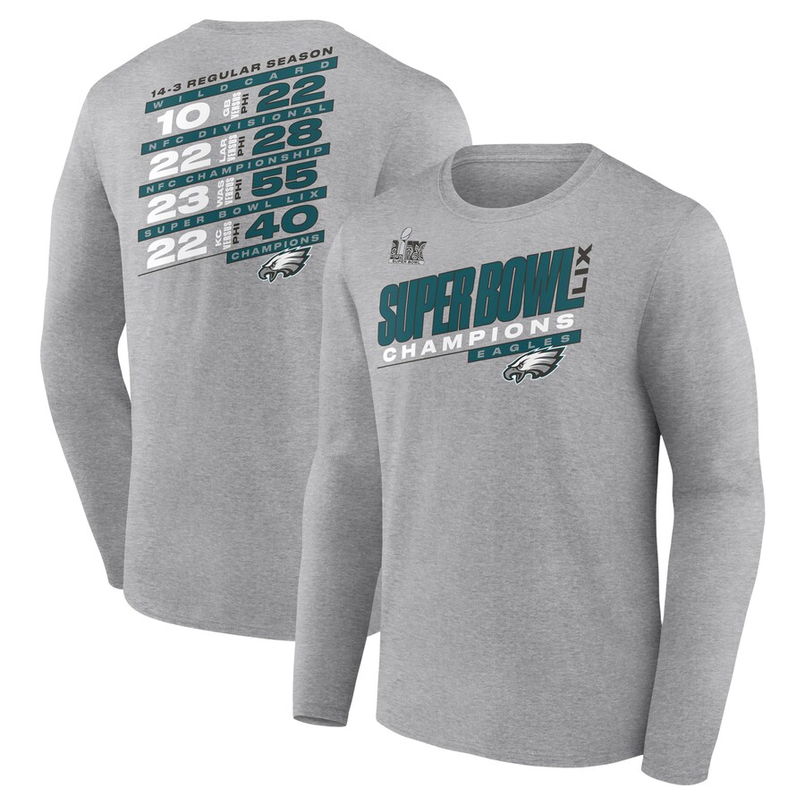 Men's Philadelphia Eagles Fanatics Heather Gray Super Bowl LIX Champions Counting Points Score Long Sleeve T-Shirt