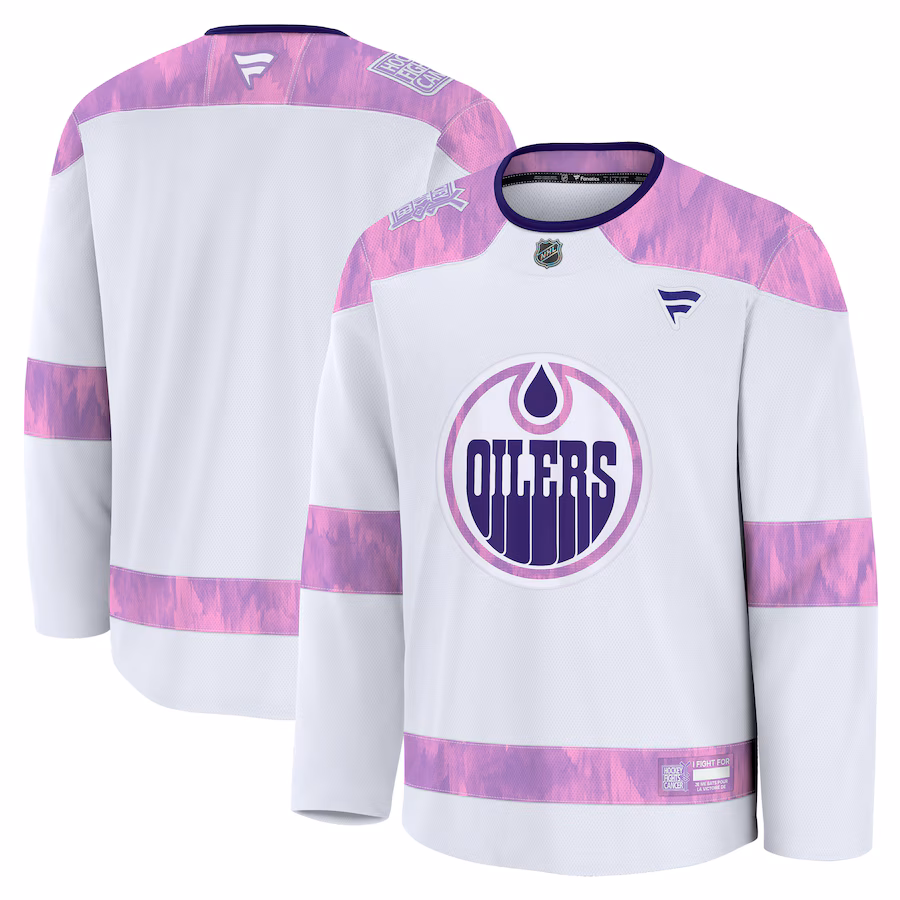 Men's Edmonton Oilers Fanatics White 2024 Hockey Fights Cancer Practice Jersey