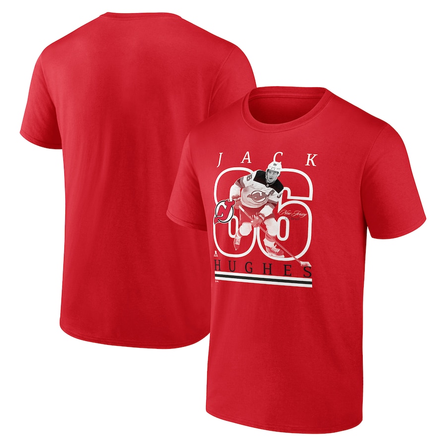 Men's New Jersey Devils Jack Hughes Fanatics Red Authentic Stack Name & Number T-Shirt