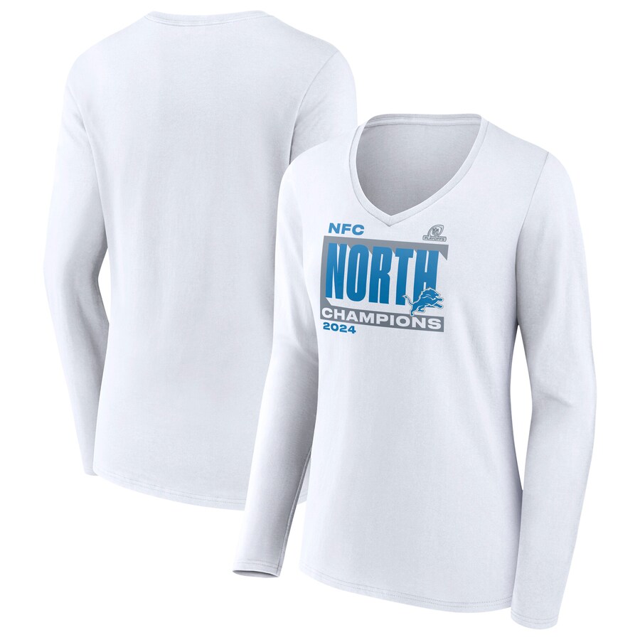 Women's Detroit Lions Fanatics White 2024 NFC North Division Champions Conquer Long Sleeve V-Neck T-Shirt
