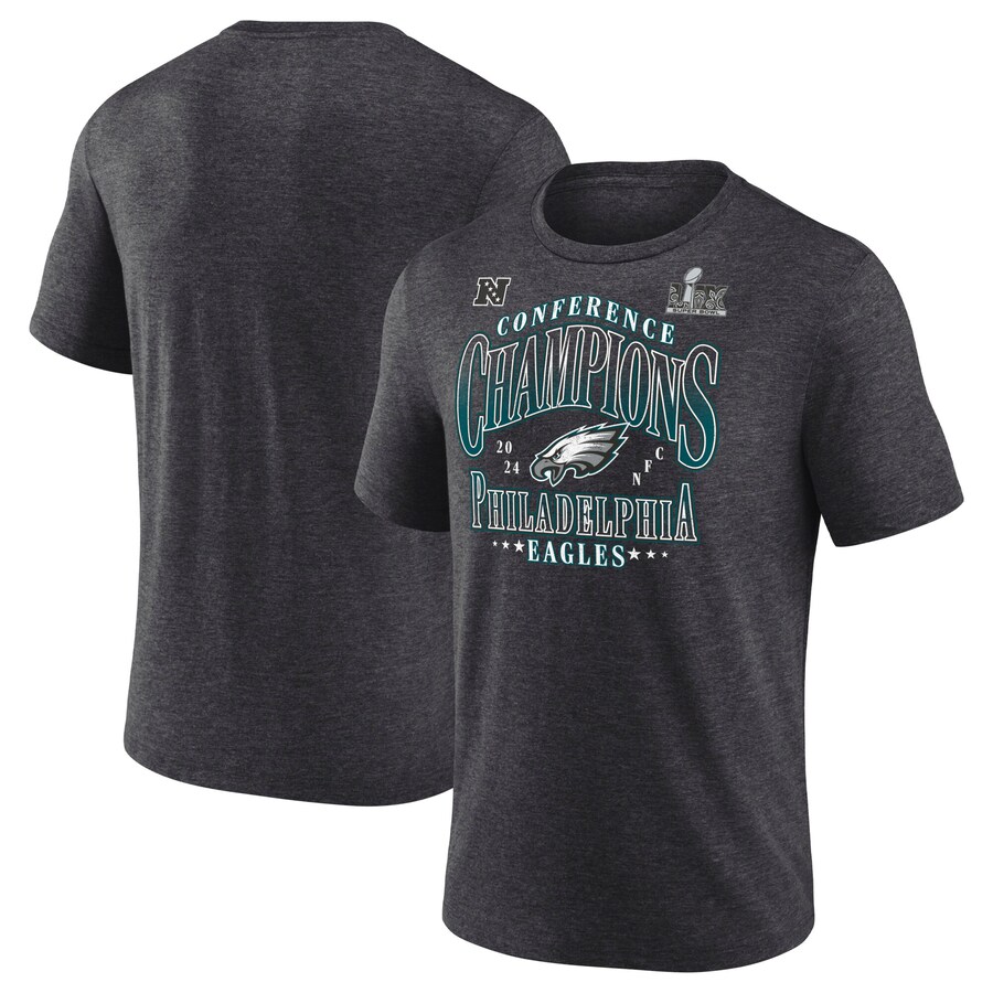 Men's Philadelphia Eagles  Fanatics Heather Charcoal 2024 NFC Champions Right Side Draw Tri-Blend T-Shirt