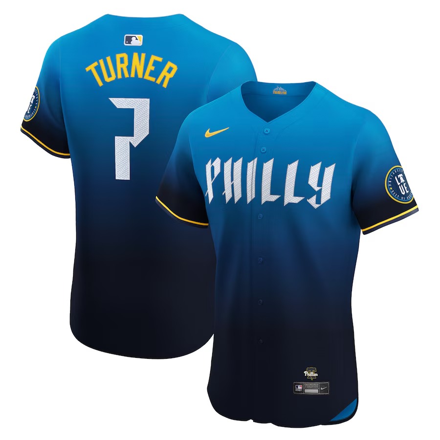 Men's Philadelphia Phillies Trea Turner Nike Blue 2024 City Connect Elite Player Jersey