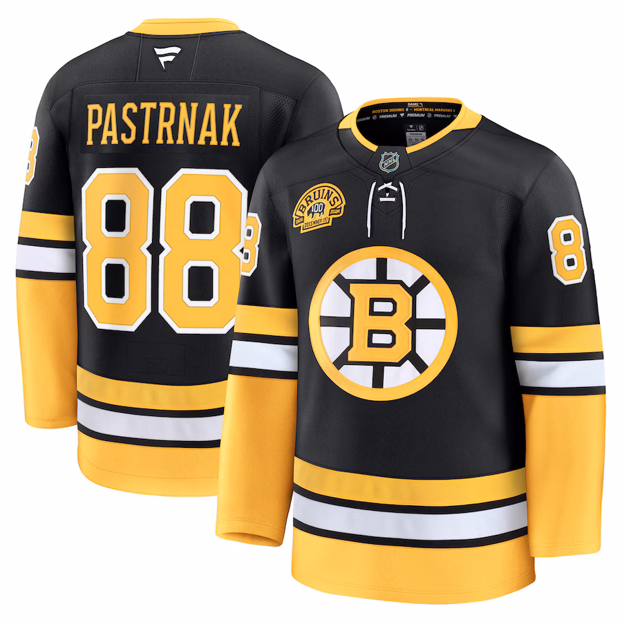 Men's Boston Bruins David Pastrnak Fanatics Black Alternate 100th Anniversary Premium Jersey