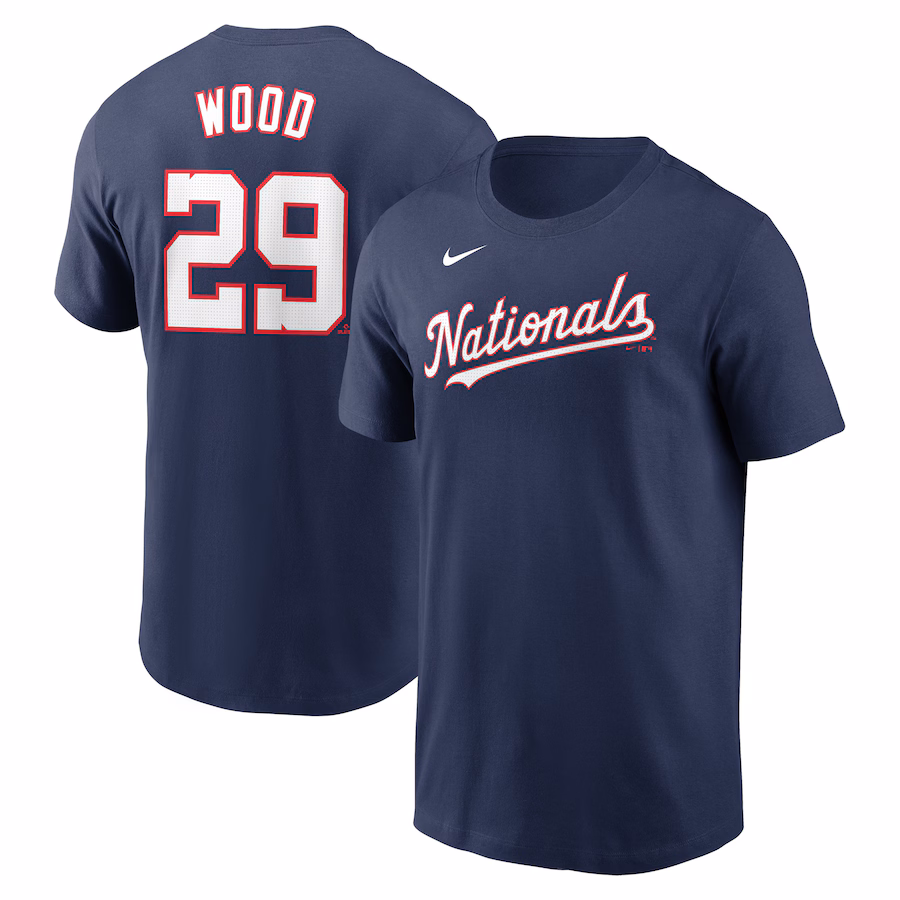 Men's Washington Nationals James Wood Nike Navy Fuse Name & Number T-Shirt