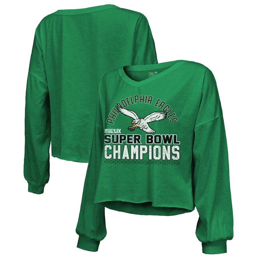 Women's Philadelphia Eagles  Majestic Threads Kelly Green Super Bowl LIX Champions Hard Count Retro Off Shoulder V-Neck Long Sleeve T-Shirt
