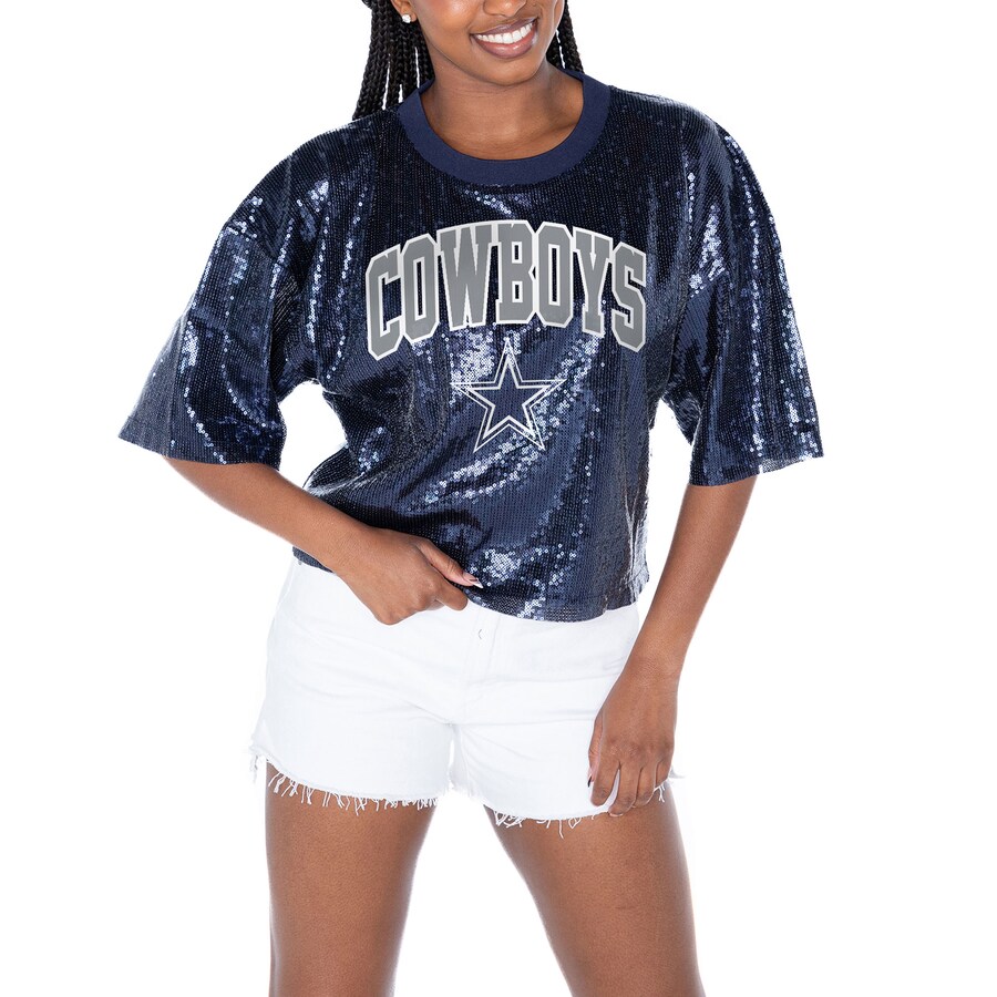 Women's Dallas Cowboys  Gameday Couture Navy Rise Up Sequin Cropped T-Shirt