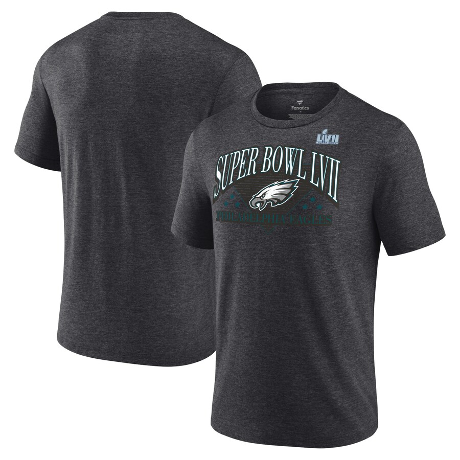 Men's Philadelphia Eagles Fanatics Heather Charcoal Super Bowl LVII Tri-Blend Triangle Strategy T-Shirt