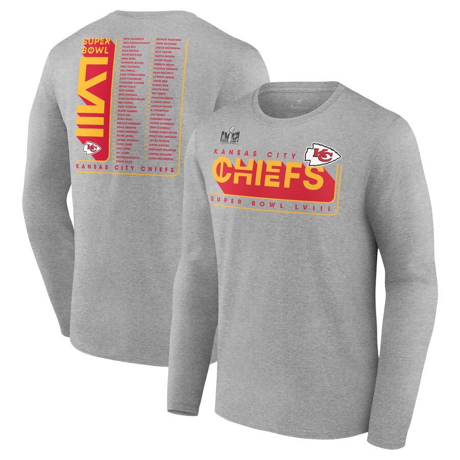 Men's Kansas City Chiefs Fanatics Heather Charcoal Super Bowl LVIII Roster Long Sleeve T-Shirt