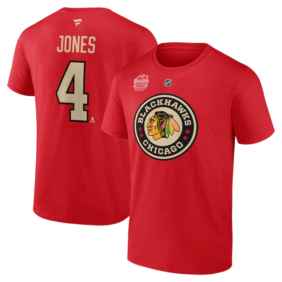 Men's Chicago Blackhawks Seth Jones Fanatics Red 2025 NHL Winter Classic Authentic Stack Name & Number T-Shirt