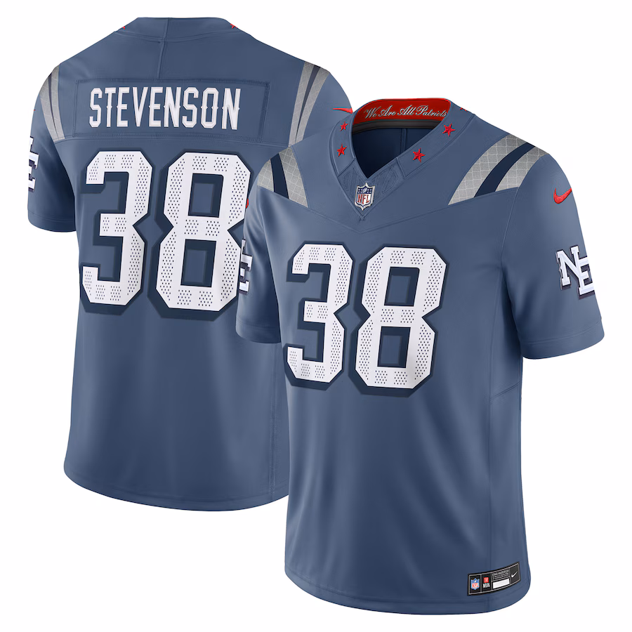 Men's New England Patriots Rhamondre Stevenson Nike Storm Blue 2025 Rivalries Collection Limited Jersey