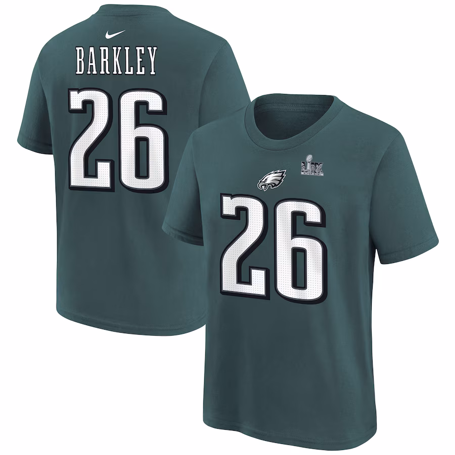 Youth Philadelphia Eagles Saquon Barkley Nike Midnight Green Super Bowl LIX Player Name & Number T-Shirt