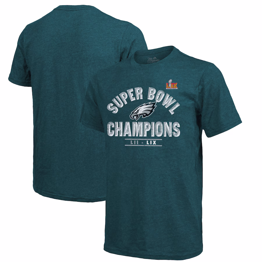 Men's Philadelphia Eagles Majestic Threads Midnight Green Super Bowl LIX Champions Tri-Blend T-Shirt