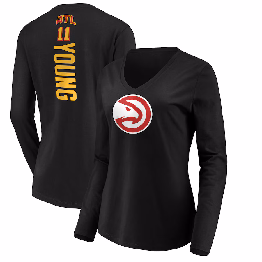 Women's Atlanta Hawks Trae Young Black Playmaker Name & Number V-Neck Long Sleeve T-shirt