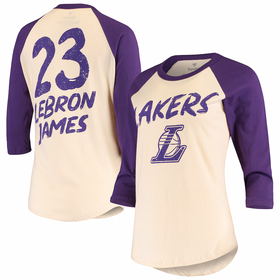 Women's Los Angeles Lakers LeBron James Fanatics Cream Raglan 3/4-Sleeve T-Shirt