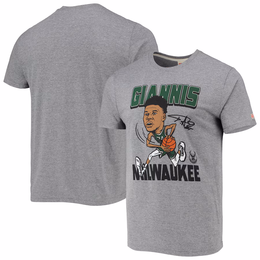 Men's Milwaukee Bucks Giannis Antetokounmpo Homage Heathered Gray Caricature Tri-Blend T-Shirt