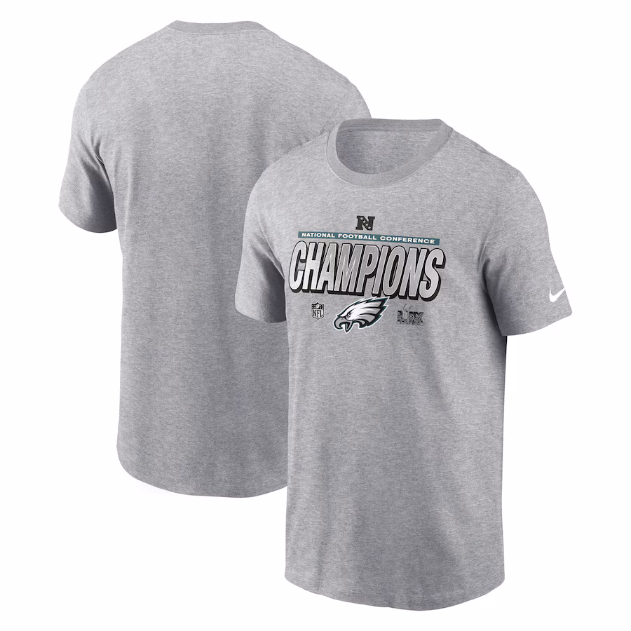 Men's Philadelphia Eagles  Nike Heather Gray 2024 NFC Champions Locker Room Trophy Collection Extended Sizes T-Shirt
