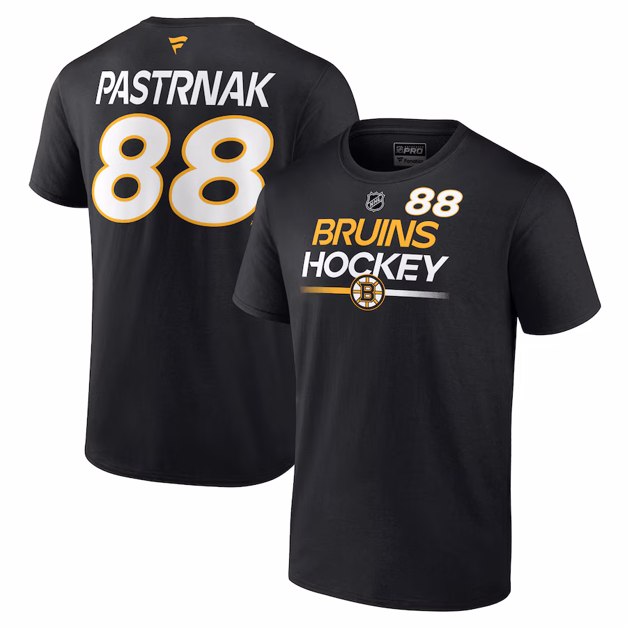 Men's Boston Bruins David Pastrnak Fanatics Black Authentic Pro Prime Name & Number T-Shirt