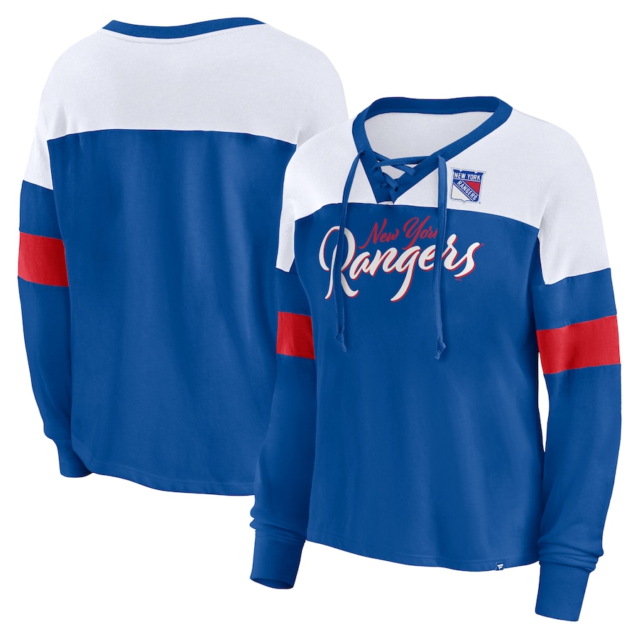 Women's New York Rangers Fanatics Blue Take the Shot Long Sleeve Lace-Up V-Neck T-Shirt