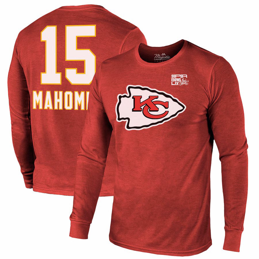Men's Kansas City Chiefs Patrick Mahomes Majestic Threads Red Super Bowl LIX Player Name & Number Tri-Blend Long Sleeve T-Shirt