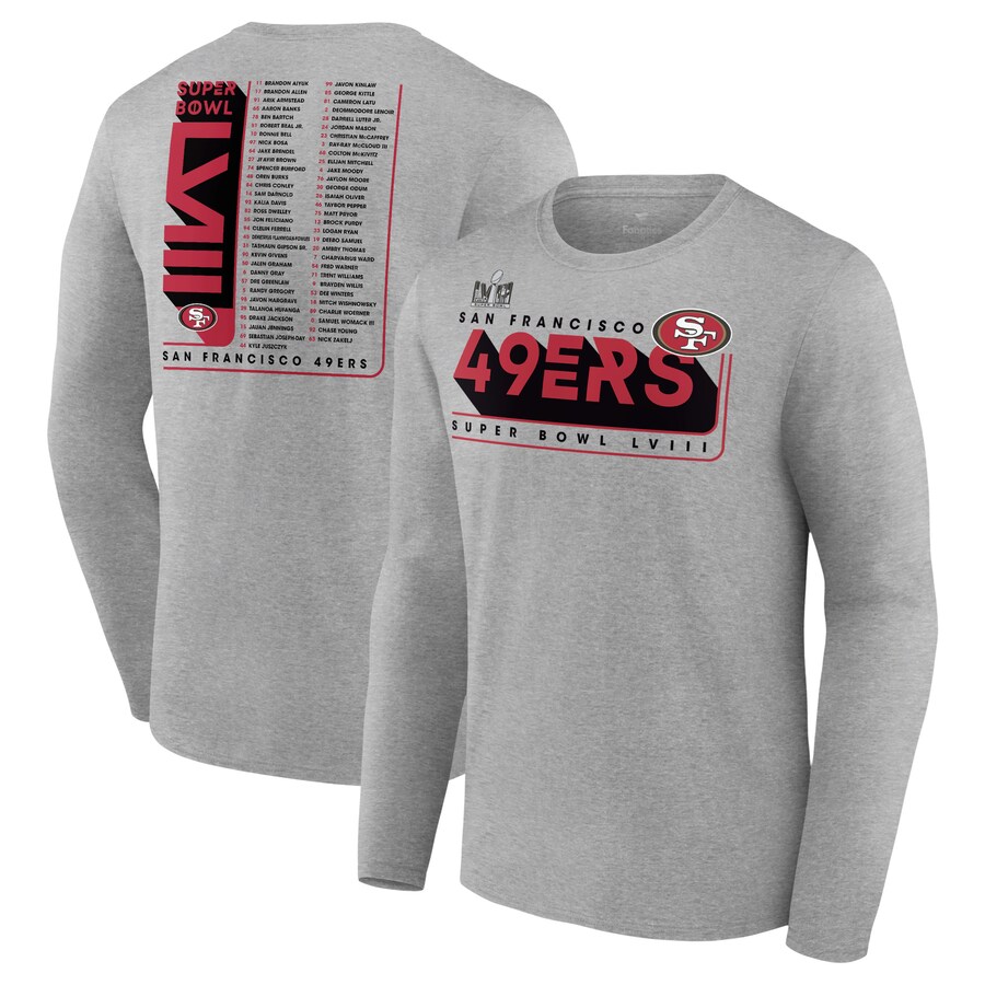 Men's San Francisco 49ers Fanatics Heather Charcoal Super Bowl LVIII Roster Long Sleeve T-Shirt