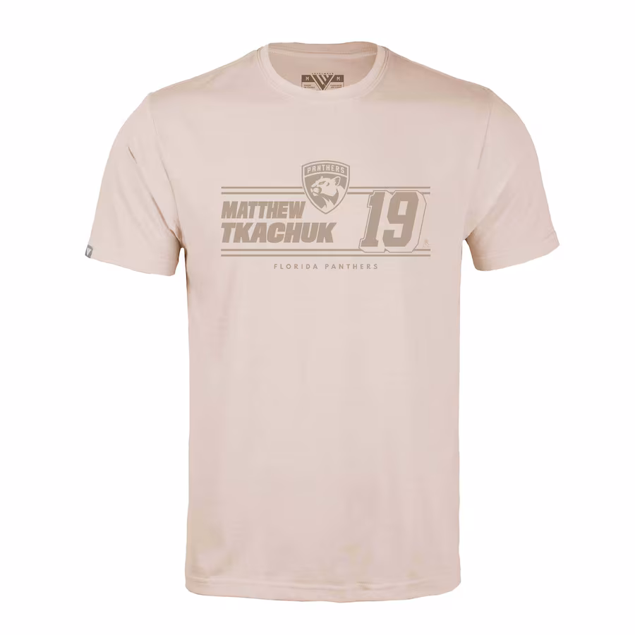 Men's Florida Panthers Matthew Tkachuk Levelwear Khaki Richmond Mileage Name & Number T-Shirt