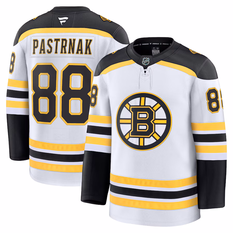 Men's Boston Bruins David Pastrnak Fanatics White Away Premium Jersey