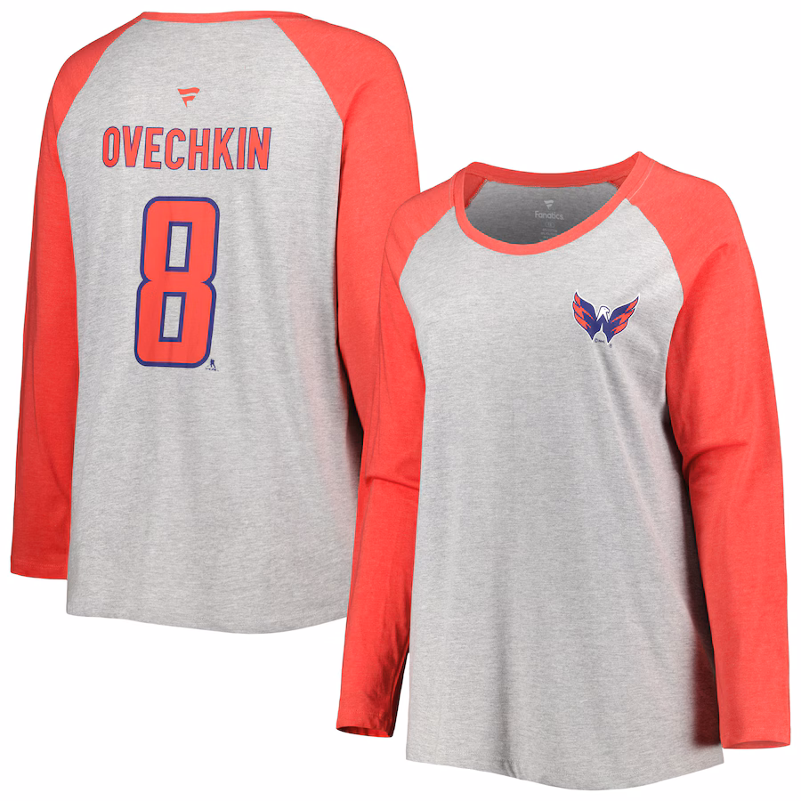 Women's Washington Capitals Alexander Ovechkin Fanatics Heather Gray/Heather Red Plus Size Name & Number Raglan Long Sleeve T-Shirt