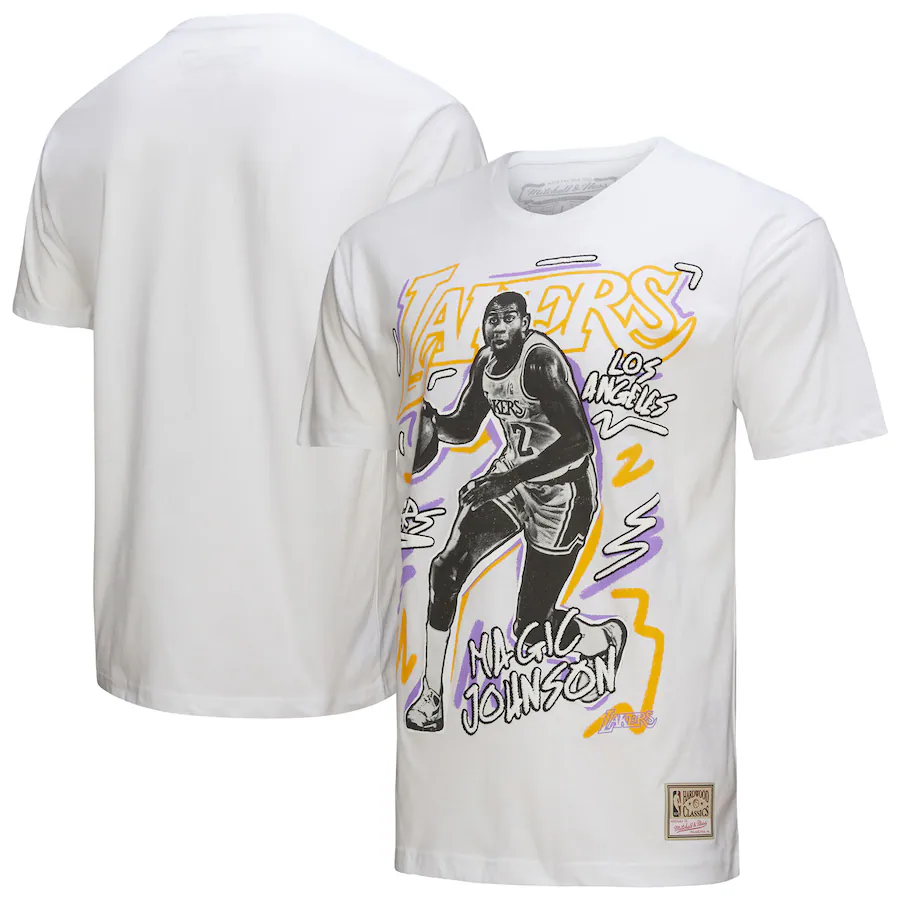 Men's Los Angeles Lakers Magic Johnson Mitchell & Ness White Hardwood Classics Chalked Up T-Shirt