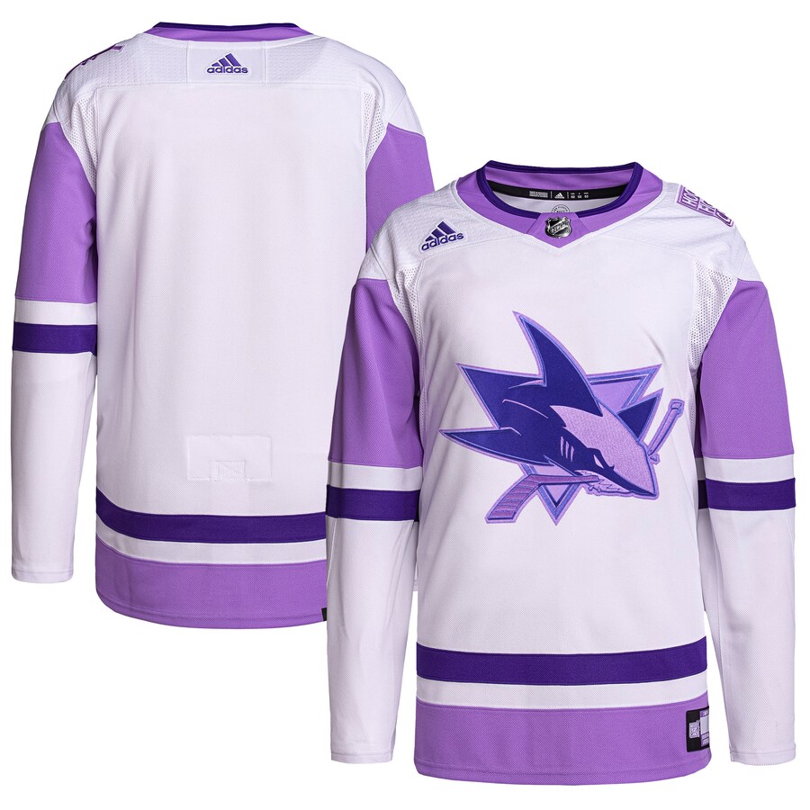 Men's San Jose Sharks adidas White/Purple Hockey Fights Cancer Primegreen Authentic Blank Practice Jersey