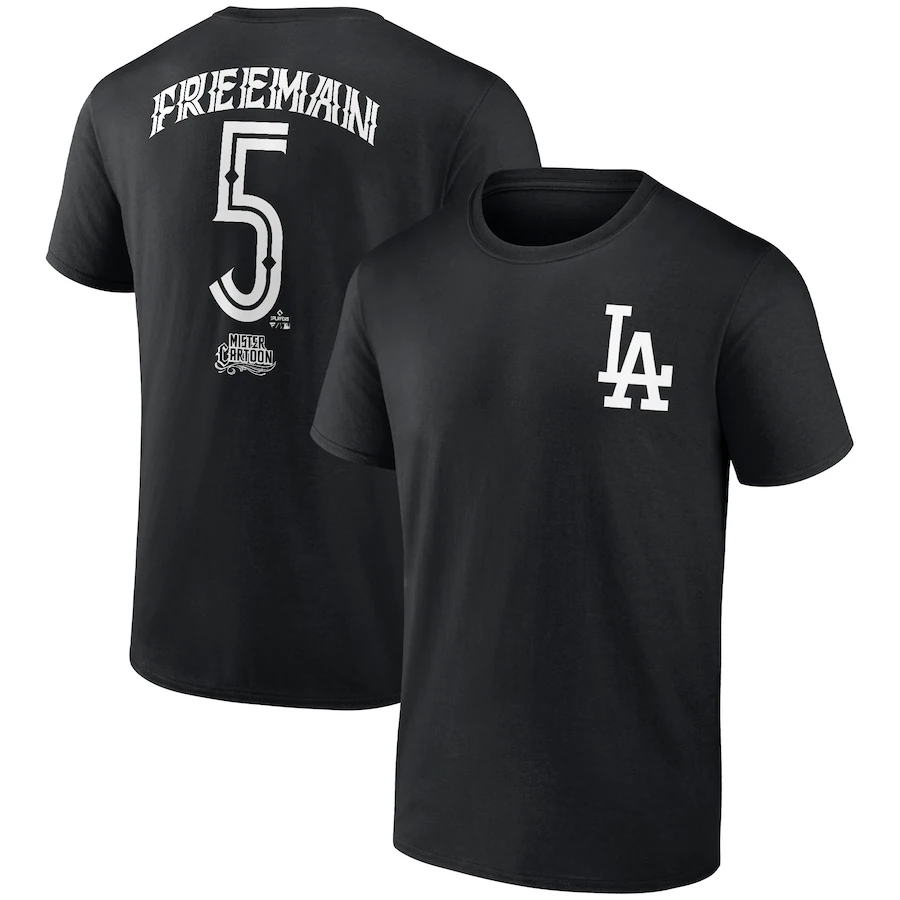 Men's Los Angeles Dodgers Freddie Freeman Black Mister Cartoon Name & Number T-Shirt