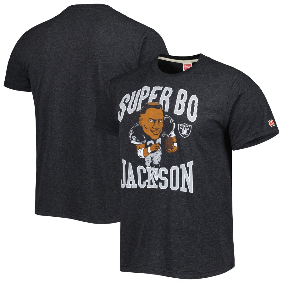 Men's Las Vegas Raiders Bo Jackson Homage Heathered Heather Black Caricature Retired Player Tri-Blend T-Shirt