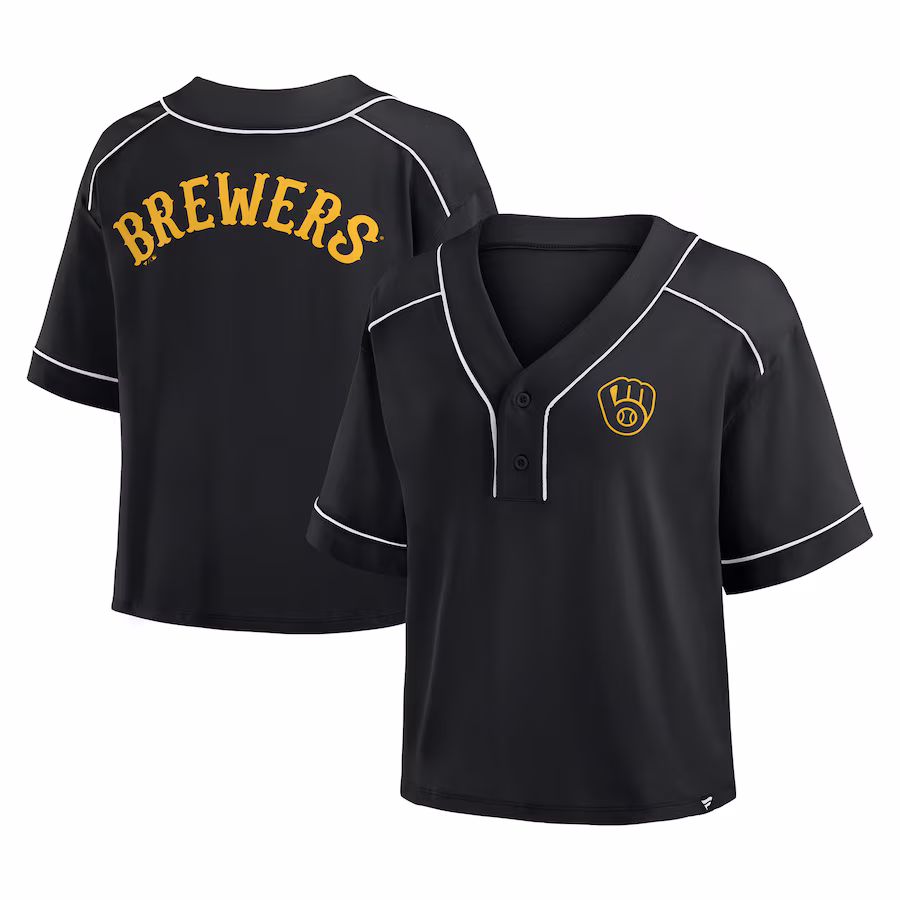 Women's Milwaukee Brewers Fanatics Black Oversized Champ Game Cropped V-Neck T-Shirt