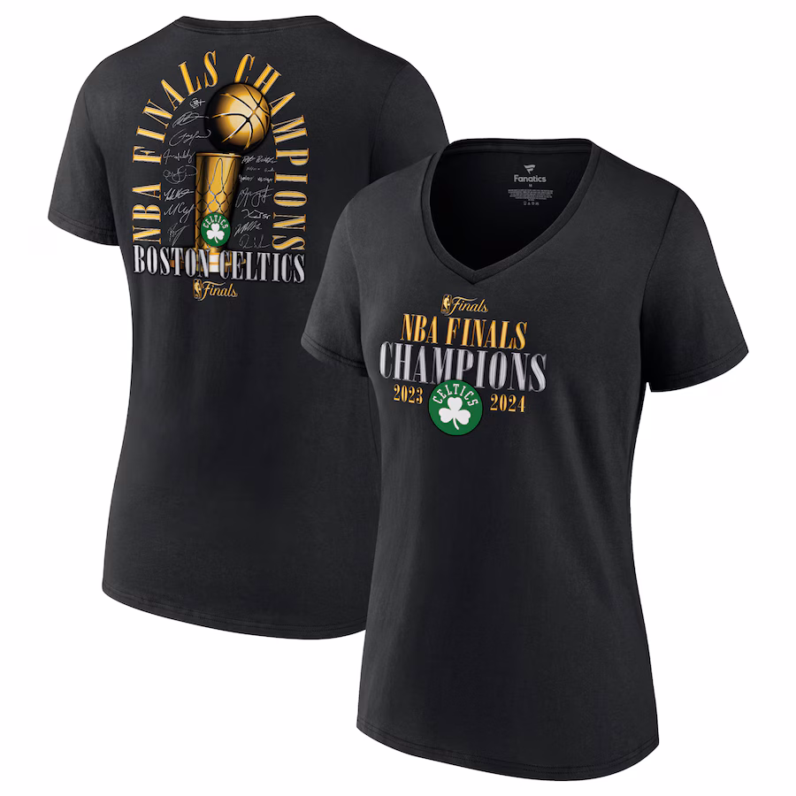 Women's Boston Celtics Fanatics Black 2024 NBA Finals Champions Fade Away Jumper Roster Signature V-Neck T-Shirt
