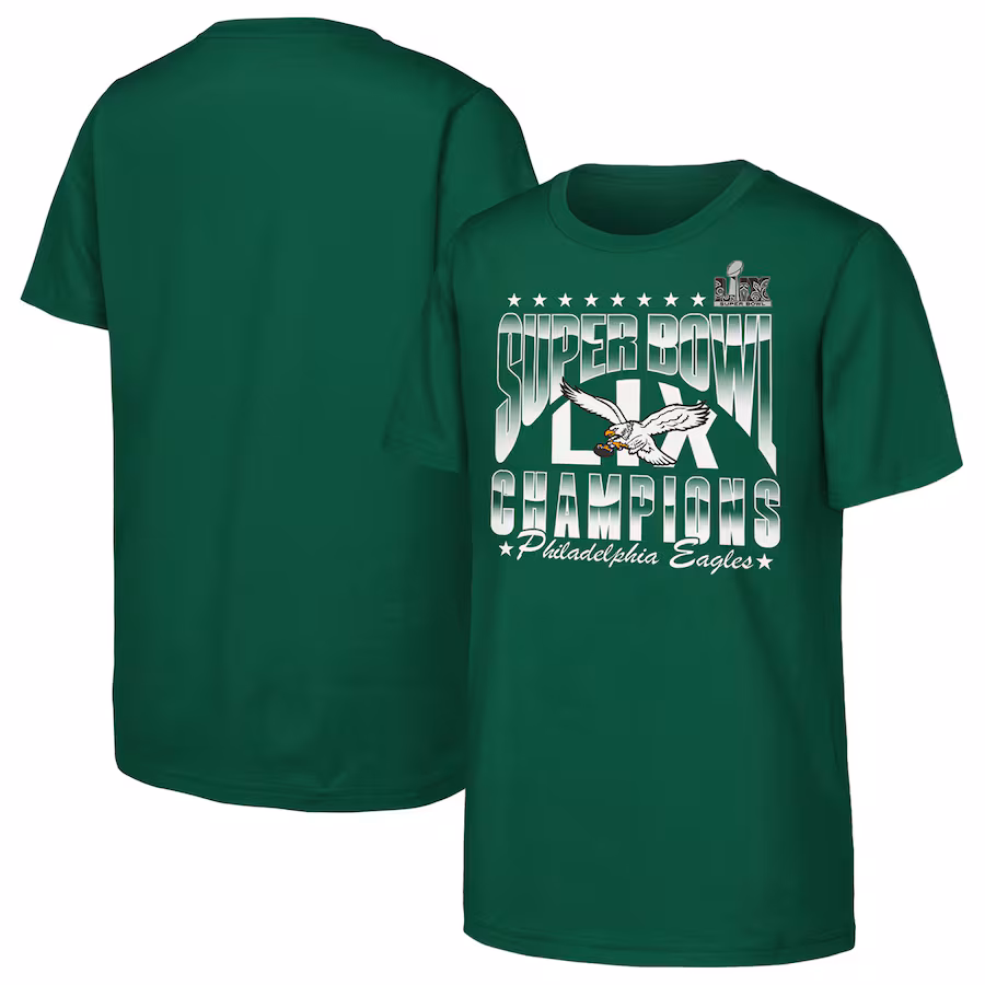 Youth Philadelphia Eagles Kelly Green Super Bowl LIX Champions Retro Arch T-Shirt