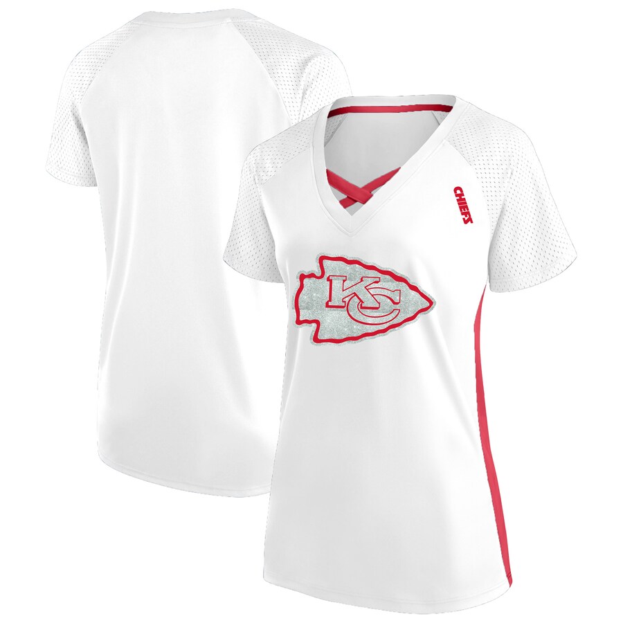 Women's Kansas City Chiefs Fanatics White Plus Size Glitter Lace-Up V- Neck T-Shirt