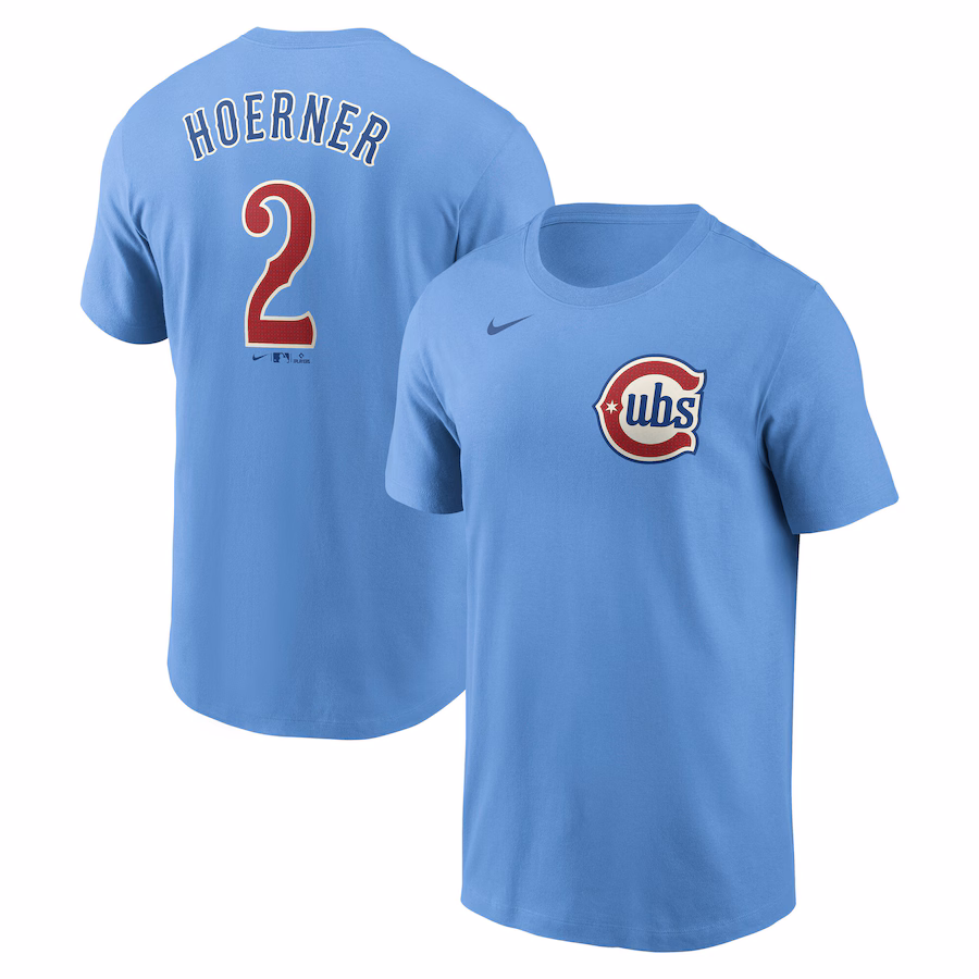 Men's Chicago Cubs Nico Hoerner Nike Baby Blue Fuse Name & Number T-Shirt