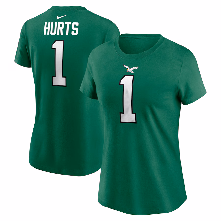 Women's Philadelphia Eagles Jalen Hurts Nike Kelly Green Player Name & Number T-Shirt